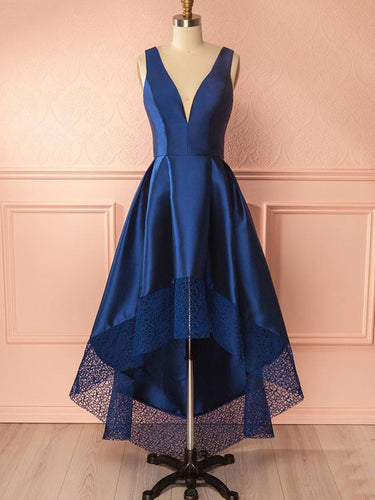 High Low Prom Dresses A-line Royal Blue V-neck Chic Prom Dress/Evening Dress JKL398