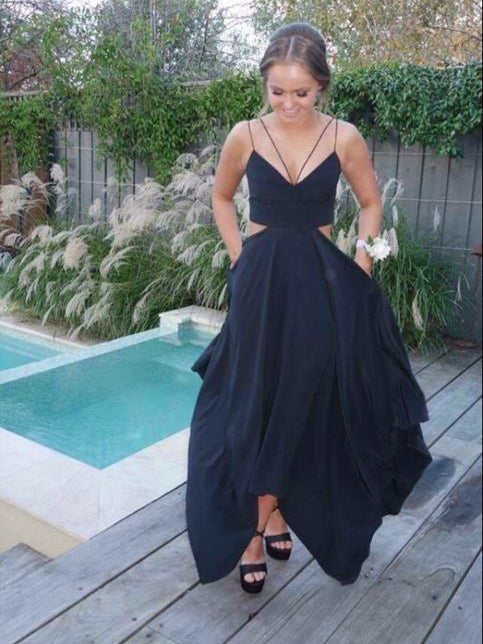 Sexy Prom Dresses Spaghetti Straps Asymmetrical Dark Navy Chic Prom Dress/Evening Dress JKL418