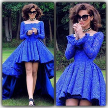 High Low Prom Dresses Square Long Sleeve Royal Blue Lace Prom Dress/Evening Dress JKL426