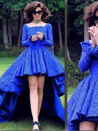 High Low Prom Dresses Square Long Sleeve Royal Blue Lace Prom Dress/Evening Dress JKL426