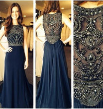 Dark Navy Prom Dresses A-line Scoop Rhinestone Sexy Prom Dress/Evening Dress JKL440