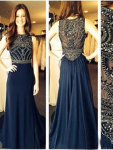 Dark Navy Prom Dresses A-line Scoop Rhinestone Sexy Prom Dress/Evening Dress JKL440