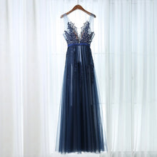 Chic Prom Dresses Straps A-line Floor-length Dark Navy Prom Dress/Evening Dress JKL444