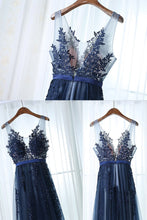 Chic Prom Dresses Straps A-line Floor-length Dark Navy Prom Dress/Evening Dress JKL444