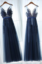 Chic Prom Dresses Straps A-line Floor-length Dark Navy Prom Dress/Evening Dress JKL444