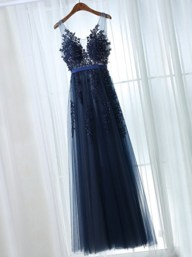 Chic Prom Dresses Straps A-line Floor-length Dark Navy Prom Dress/Evening Dress JKL444