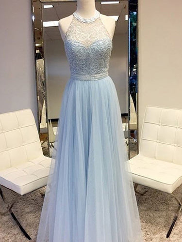Sexy Prom Dresses Halter A-line Light Sky Blue Tulle Prom Dress/Evening Dress JKL445|Annapromdress