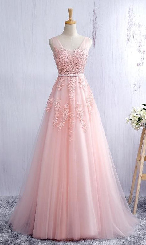 white pink prom dress Sexy Prom Dresses Straps A-line Short Train Pearl Pink Tulle Prom Dres – Anna PromDress
