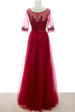 Burgundy Prom Dresses A-line Floor-length Appliques Tulle Sexy Prom Dress JKL458