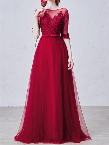 Burgundy Prom Dresses A-line Floor-length Appliques Tulle Sexy Prom Dress JKL458