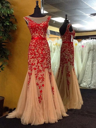 Sexy Prom Dresses Bateau Sheath Column Short Train Tulle Long Red Prom Dress JKL462
