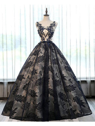 Ball Gown Prom Dresses Scoop Floor-length Long Lace Prom Dress Black Evening Dress JKL464