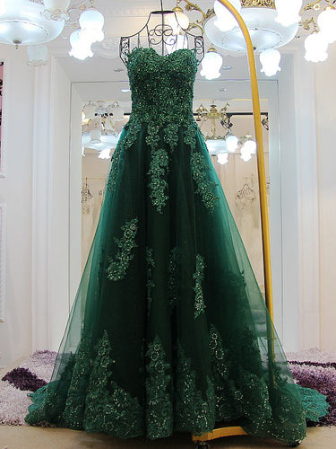 Luxury Prom Dresses A-line Sweetheart Sequins Hunter Green Long Prom Dress JKL468