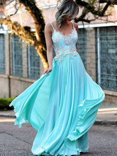 Sexy Prom Dresses Spaghetti Straps Appliques Long Prom Dress Chiffon JKL469