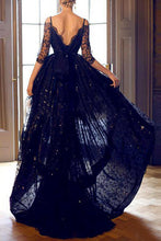 High Low Prom Dresses Spaghetti Straps Long Black Prom Dress Lace Evening Dress JKL473