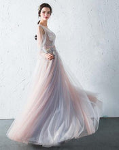 Chic Prom Dresses Colorful Bateau Appliques Long Prom Dress Tulle JKL474