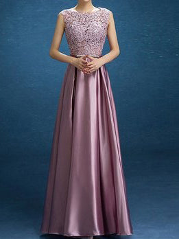 Chic Prom Dresses Scoop Floor-length Lace Bowknot Long Prom Dress Satin JKL479