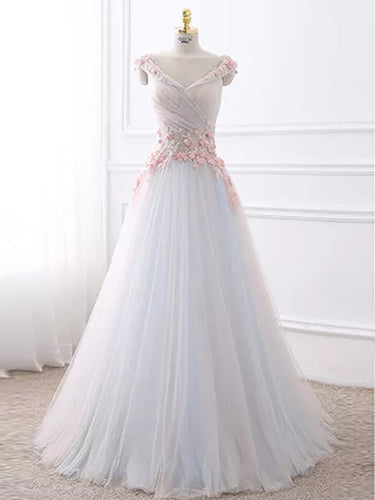 Sexy Prom Dresses V-neck Floor-length Hand-Made Flower A-line Prom Dress JKL480