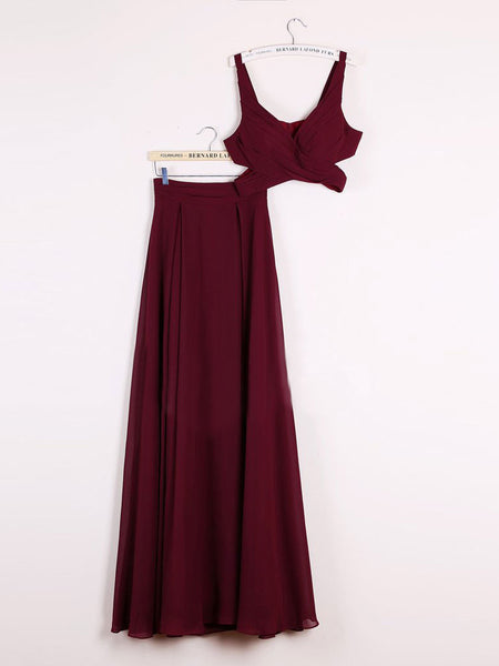 Two Piece Prom Dresses A-line Floor-length Burgundy Chiffon Cheap Prom Dress JKL485