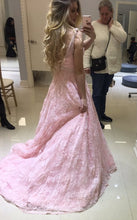Pink Prom Dresses Straps Sweep/Brush Train Beading Lace Prom Dress JKL489