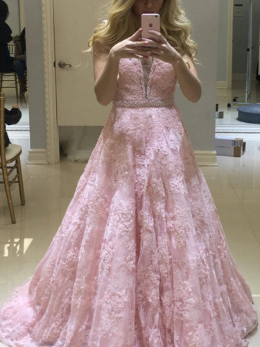 Pink Prom Dresses Straps Sweep/Brush Train Beading Lace Prom Dress JKL489