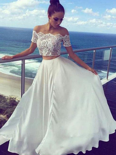 Two Piece Prom Dresses Off-the-shoulder A-line Lace Prom Dress Evening Dress JKL490