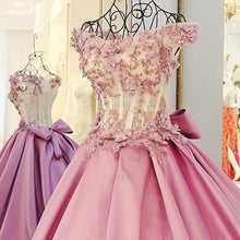 Ball Gown Prom Dresses Brush Train Hand-Made Flower Lace Prom Dress Satin Evening Dress JKL495