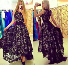 High Low Prom Dresses Scoop A-line Black Prom Dress Lace Evening Dress JKL499