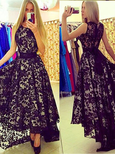 High Low Prom Dresses Scoop A-line Black Prom Dress Lace Evening Dress JKL499