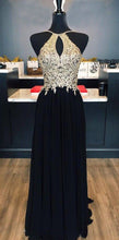 Black Prom Dresses Halter A-line Floor-length Chic Prom Dress Sexy Evening Dress JKL501