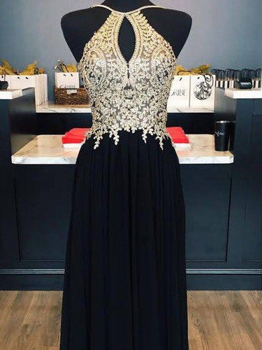 Black Prom Dresses Halter A-line Floor-length Chic Prom Dress Sexy Evening Dress JKL501