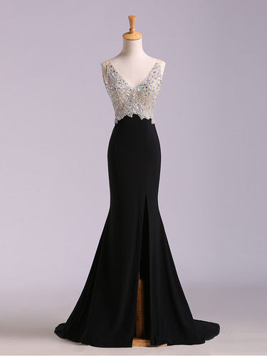 Black Prom Dresses V-neck Short Train Rhinestone Sexy Long Prom Dress JKL506