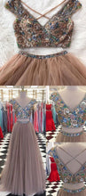 Two Piece Prom Dresses V-neck Floor-length Rhinestone Sexy Prom Dress JKL512