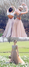 Two Piece Prom Dresses V-neck Floor-length Rhinestone Sexy Prom Dress JKL512