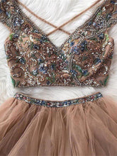 Two Piece Prom Dresses V-neck Floor-length Rhinestone Sexy Prom Dress JKL512