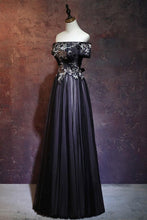 Black Prom Dresses Off-the-shoulder A-line Short Sleeve Long Prom Dress Evening Dress JKL513