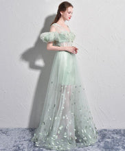 Sexy Prom Dresses A-line Short Sleeve Sage Long Prom Dress Tulle Evening Dress JKL516