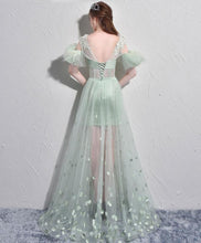 Sexy Prom Dresses A-line Short Sleeve Sage Long Prom Dress Tulle Evening Dress JKL516