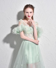 Sexy Prom Dresses A-line Short Sleeve Sage Long Prom Dress Tulle Evening Dress JKL516