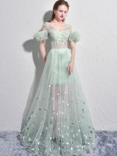 Sexy Prom Dresses A-line Short Sleeve Sage Long Prom Dress Tulle Evening Dress JKL516