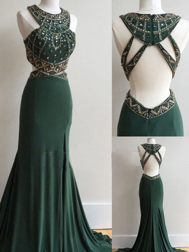 Dark Green Prom Dresses Column Scoop Rhinestone Long Prom Dress Sexy Evening Dress JKL518