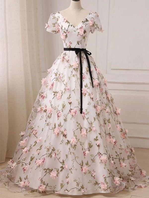 Ball Gown Prom Dresses V neck Floor length Floral Long Lace Prom Dress Anna PromDress