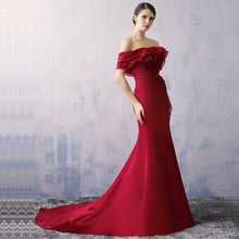 Burgundy Prom Dresses Off-the-shoulder Brush Train Lace-up Sexy Mermaid Prom Dress JKL524