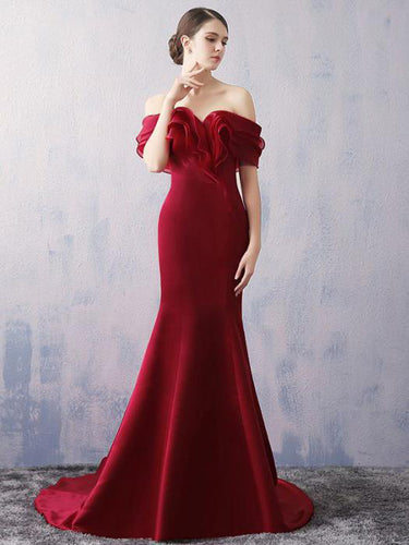 Burgundy Prom Dresses Off-the-shoulder Brush Train Lace-up Sexy Mermaid Prom Dress JKL524