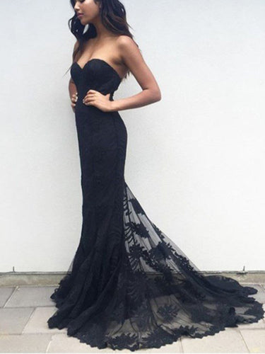 Sexy Prom Dresses Trumpet/Mermaid Brush Train Long Black Lace Prom Dress JKL526