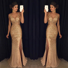 Sexy Prom Dresses Sheath/Column Straps Long Slit Prom Dress Gold Evening Dress JKL527