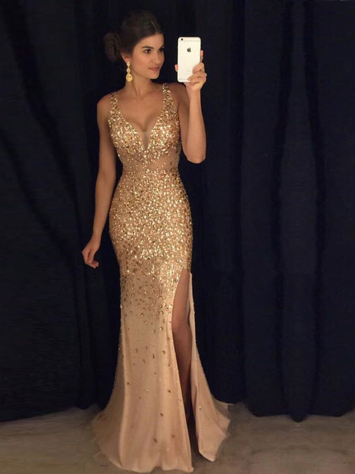 Sexy Prom Dresses Sheath/Column Straps Long Slit Prom Dress Gold Evening Dress JKL527