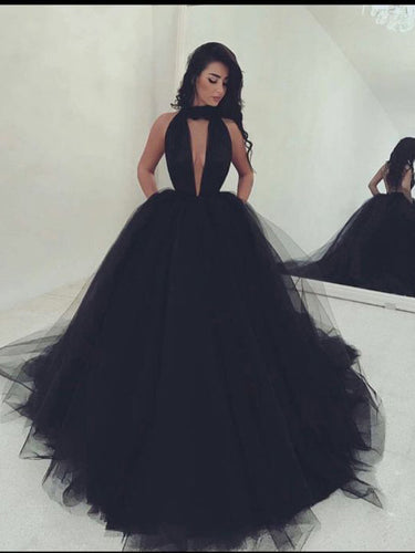 Ball Gown Prom Dresses High Neck Brush Train Long Black Prom Dress Sexy Evening Dress JKL529