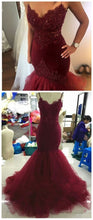 Mermaid Prom Dresses Spaghetti Straps Beading Sexy Long Burgundy Prom Dress JKL531