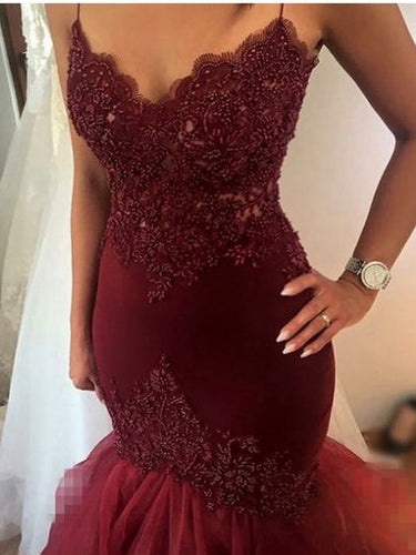 Mermaid Prom Dresses Spaghetti Straps Beading Sexy Long Burgundy Prom Dress JKL531